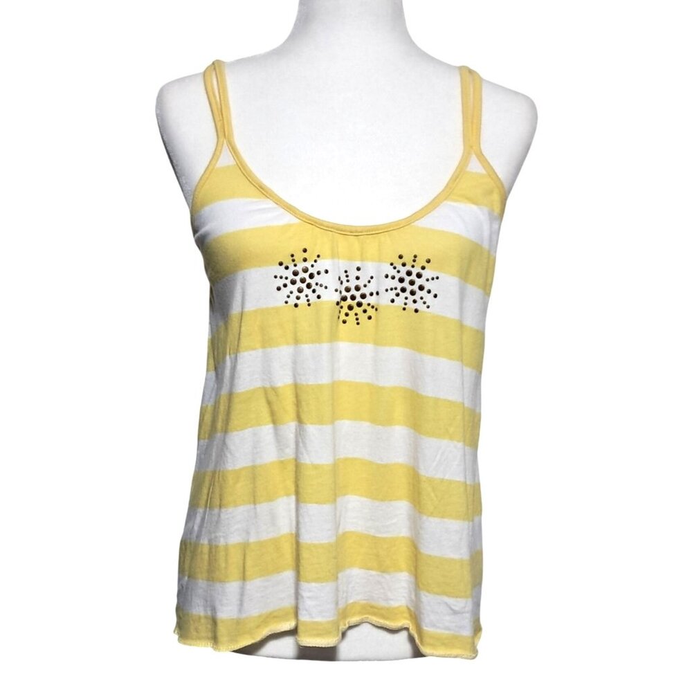 Roxy Top Womens Size M Trapeze Sleeves Yellow Chevron Striped‎ Metal Decor